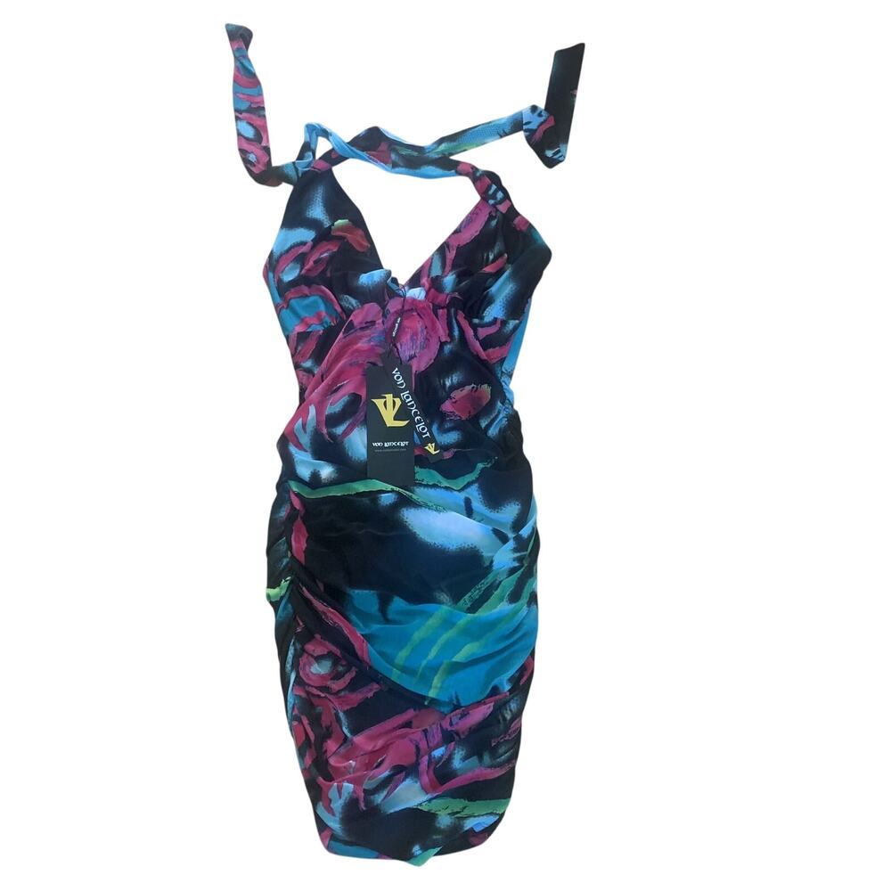 NWT VON LANCELOT BLACK/PINK/BLUE LACE UP BACK RUCHED HALTER DRESS‎ SIZE 9